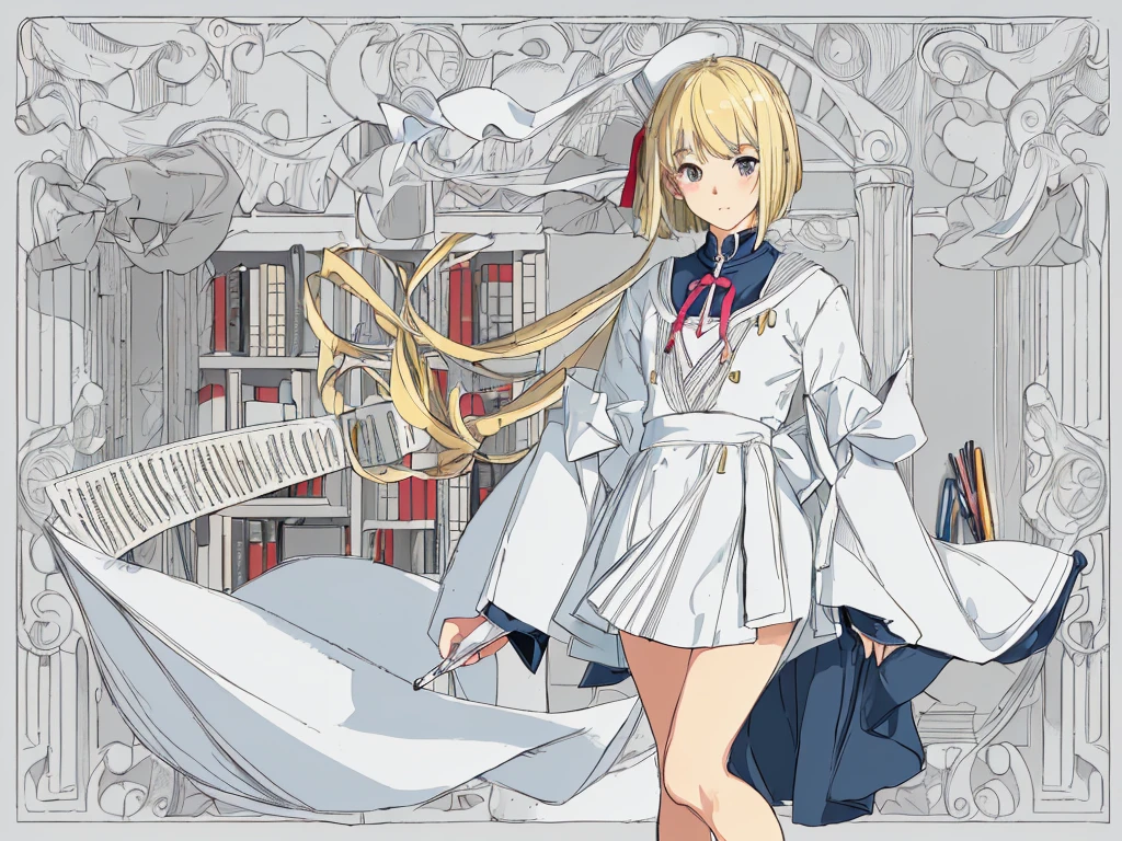 (masterpiece, Highest quality, Highest quality, beautifully、aesthetic: 1.2), (1人のgirl: 1.3), Very detailed, (Line art),Rough pen,((Full Color)), (masterpiece),(Highest quality:1.1), (Super detailed),Best illustrations,In detail,Hand-painted high quality, (pale colour), (Desaturate), High Contrast,80s anime, (80s Vinyl Anime), (The outline is roughly drawn in pencil.:1.3),Set the lines a little thicker, girl,alone, (色ed background:1.1), High resolution, Magical World、((Magic School))、((Inside the library))、画面の前面にgirl, (Light flies), Slanted Eyes, Low nose, ((Bob Hair)), Thick-soled shoes, (Blonde), ribbon, ((不思議の国のアリスをイメージしたgirl)), Thick-soled shoes, pale colour,