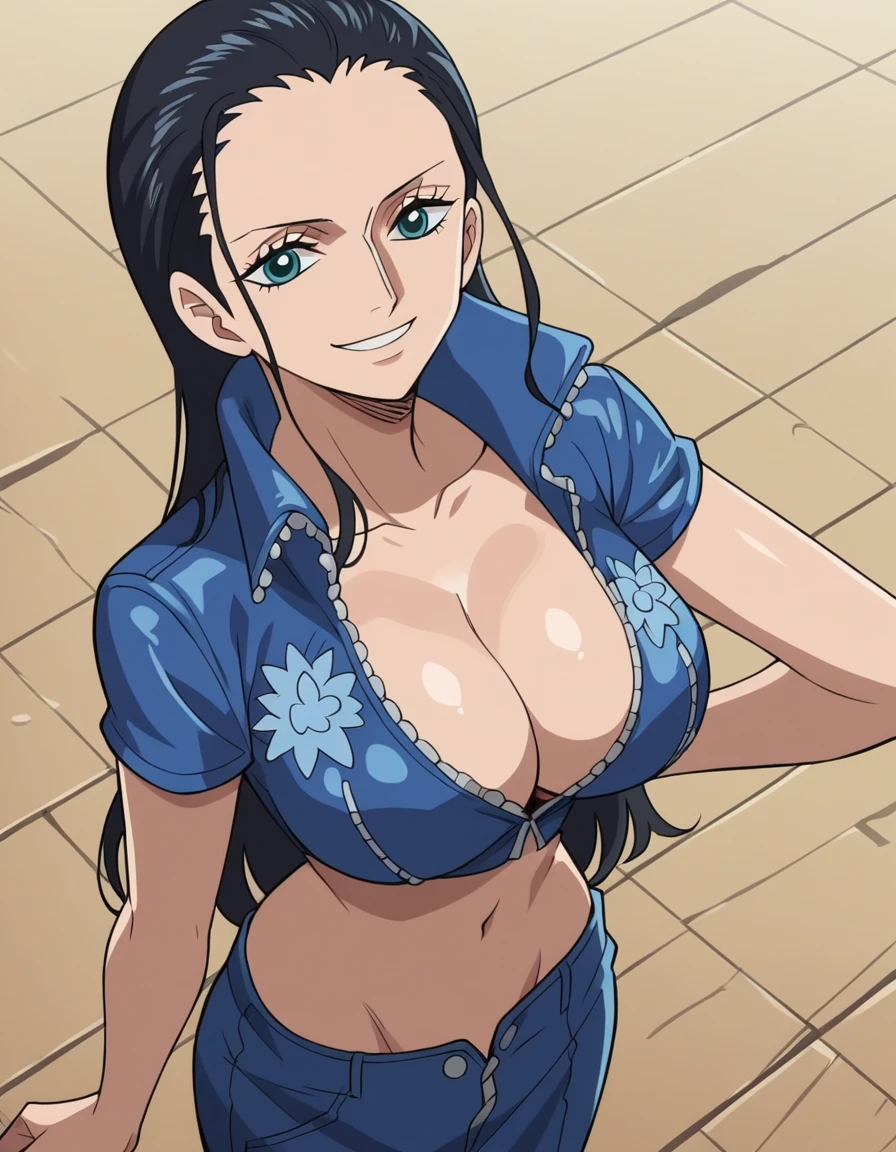 score_9, score_8_up, score_7_up, source_anime, anime screencap, Nico Robin, black hair, long hair, large breasts, blue jacket, navel, short sleeves, cleavage, smile, from above 