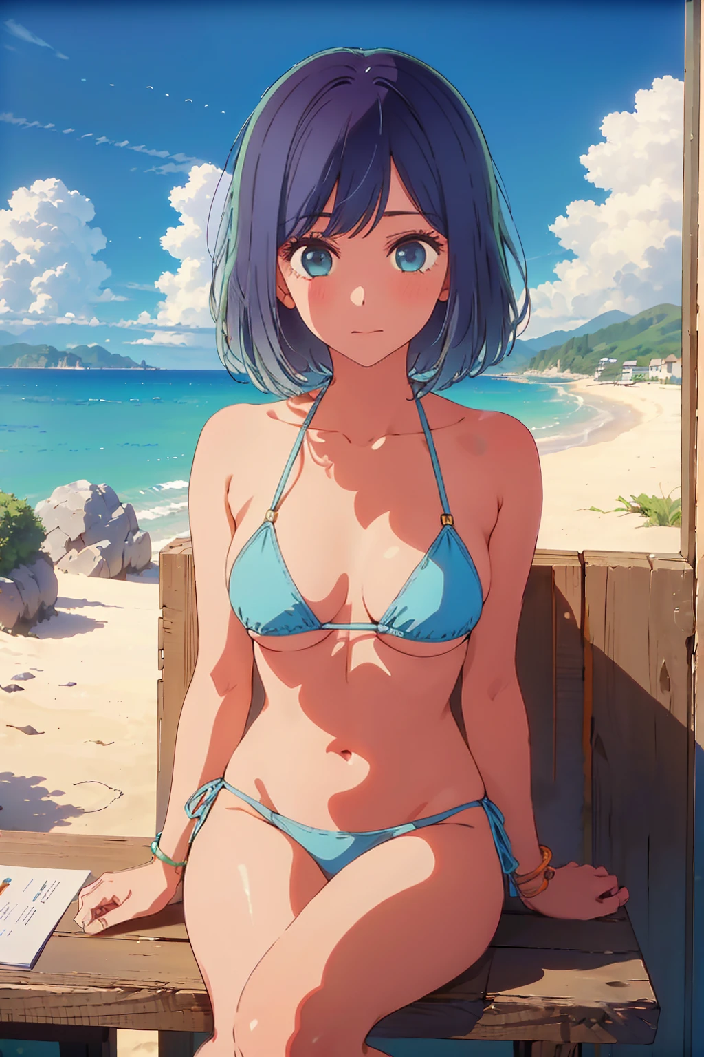 (Highest quality:1.4、masterpiece:1.4、Super detailed:1.4、8K:1.4)、((((1 person、Surprised expression、sit、Cafe Terrace、coastal、juice、table、Sandy Beach、juiceのグラスを持つ、Micro Bikini、Very soft boobs、Big eyes、Very cute face))))、(Areola protrudes from the bikini:1.4)、F cup bust、Medium breast、Underboob、Nipples