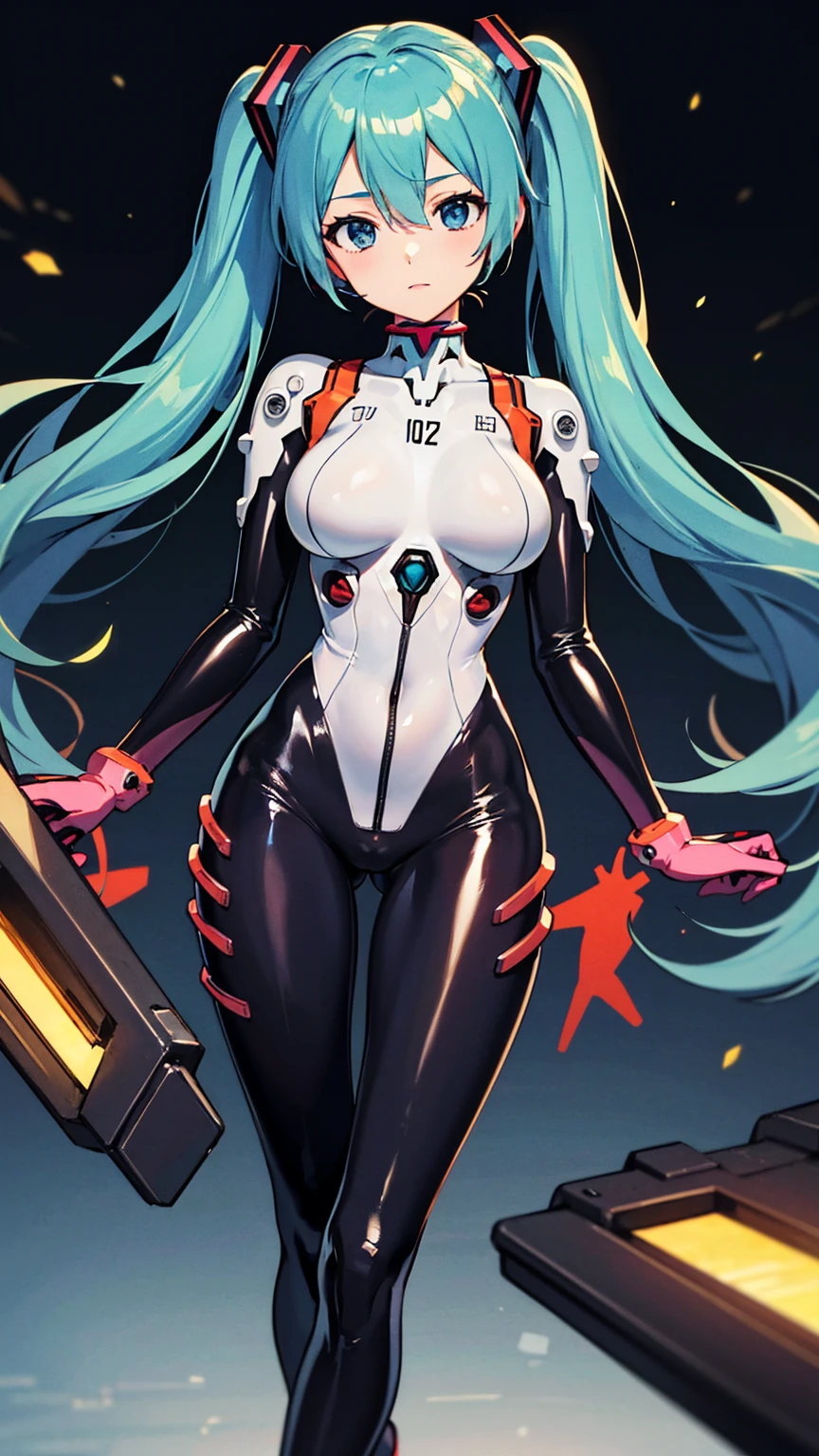 Masterpiece、Tabletop、Hatsune Miku VOCALOID、Big Breasts、Latex bodysuit、Plug Suit(Neon Genesis EVANGELION)、High heels、Highest quality、Highest quality、8K Illustration