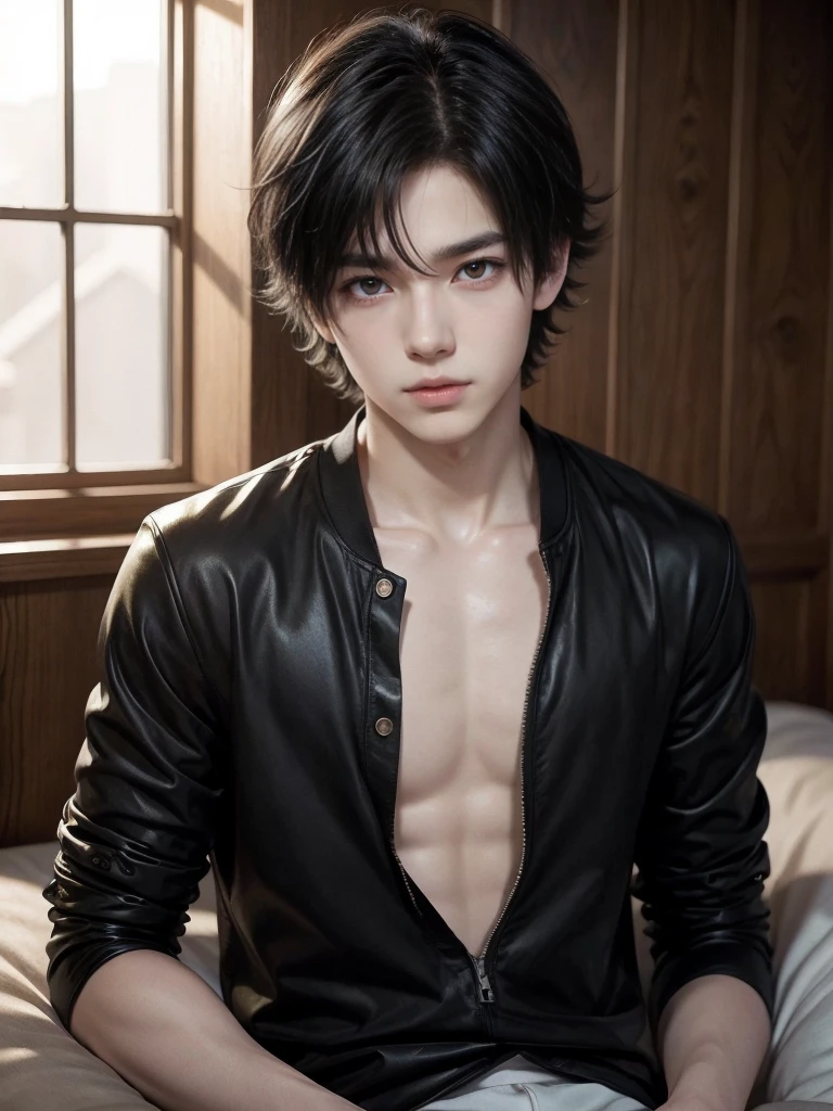 anime boy, manwha, semi realistic, short black hair, golden eyes, soft features, , tende,