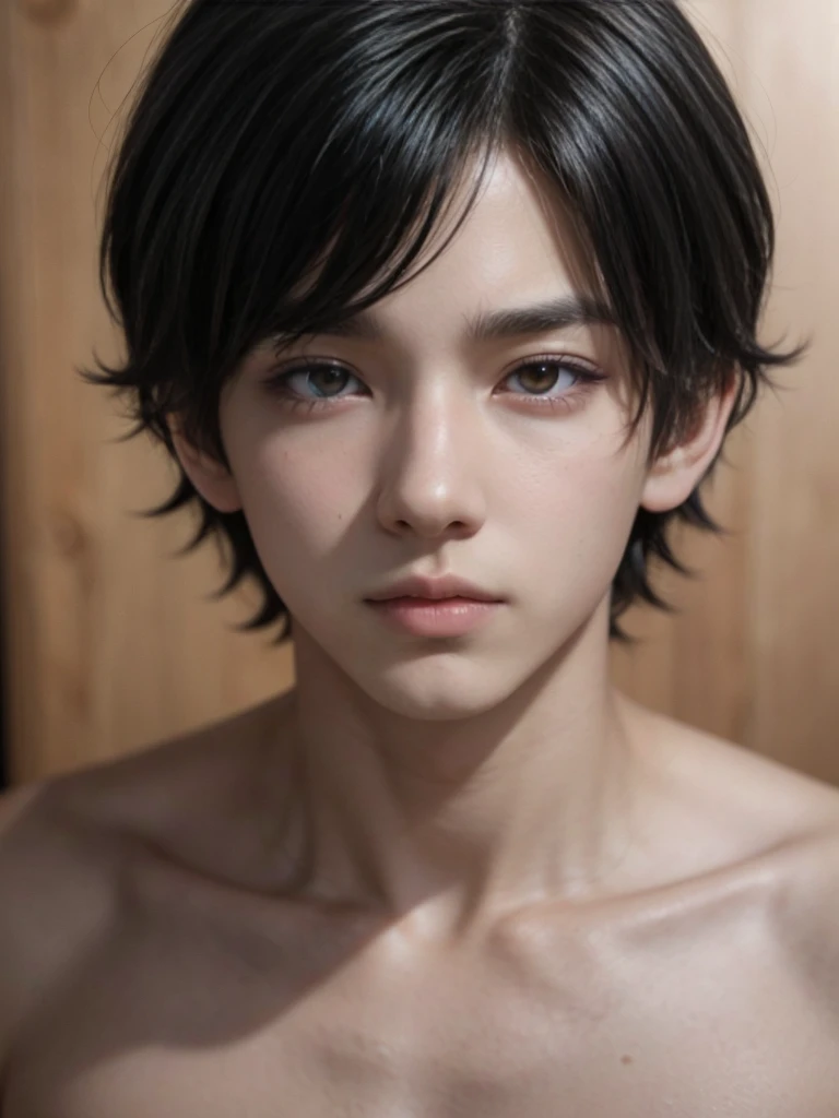 anime boy, manwha, semi realistic, short black hair, golden eyes, soft features, Teen, tende,