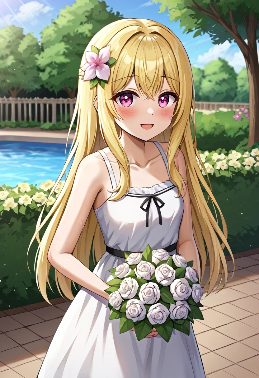 cute girl, (young woman who plays the part of a villain)++, smile, pink+ eyes, blonde hair, long hair, (she have bouquet one's hand)+, flower garden, outdoor, sunny, white sundress, (hair flower)+, masterpiece+++, (ultra detailed)++, (extremely detailed)++, (best lighting)++, (best quality)++, (cinematic shot)+, (extremely detailed eyes)++, (extremely detailed hair)++, (perfect anatomy)+, (perfect hands)+
