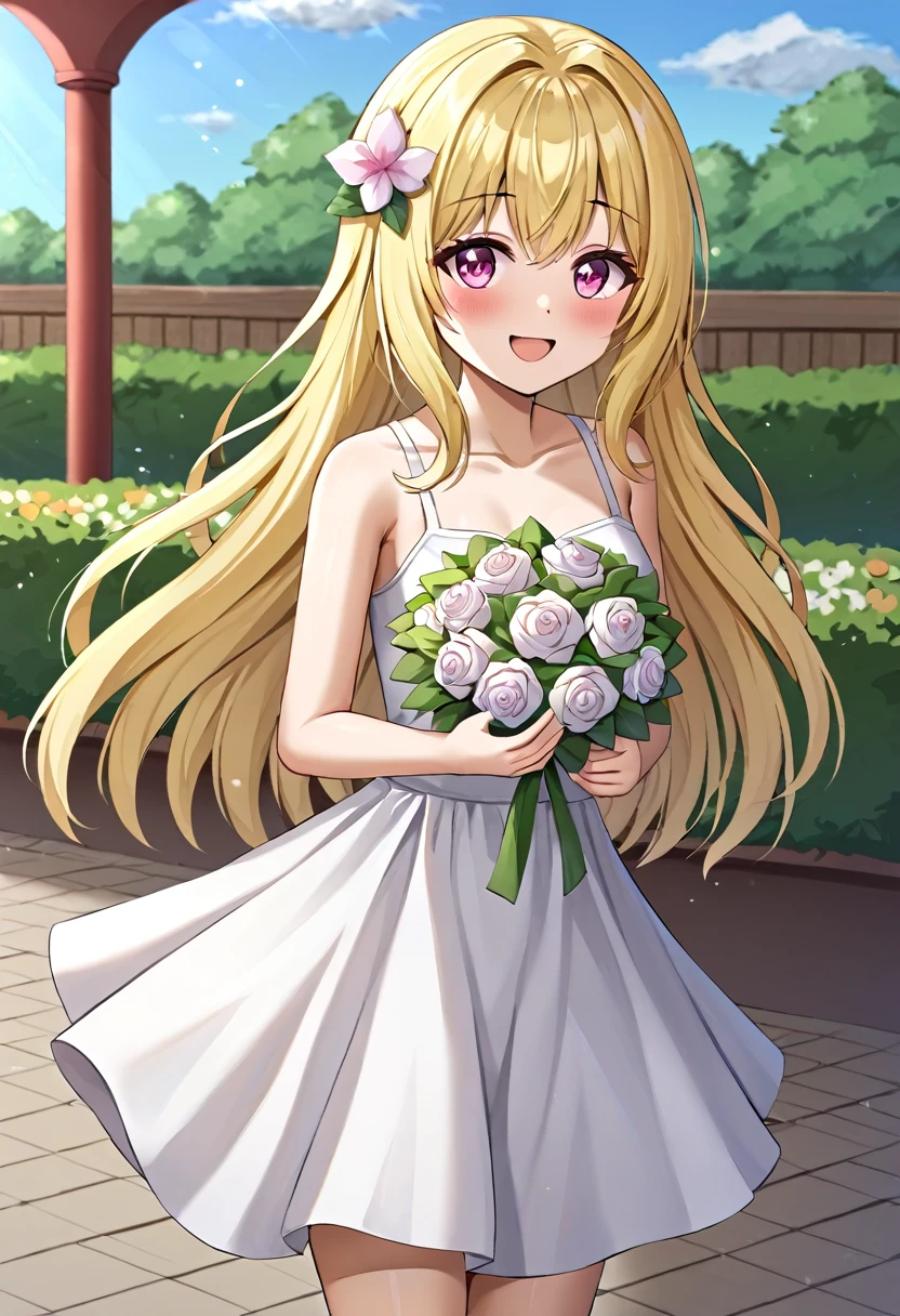 cute girl, (young woman who plays the part of a villain)++, smile, pink+ eyes, blonde hair, long hair, (she have bouquet one's hand)+, flower garden, outdoor, sunny, white sundress, (hair flower)+, masterpiece+++, (ultra detailed)++, (extremely detailed)++, (best lighting)++, (best quality)++, (cinematic shot)+, (extremely detailed eyes)++, (extremely detailed hair)++, (perfect anatomy)+, (perfect hands)+