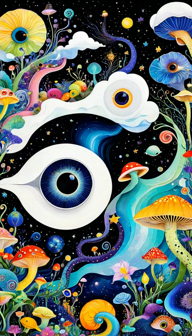 Three-dimensional painting。1snails小屋,Artists from the stars,Colorful black,A world of color,Dopamine,mouth,A cloud、snails、iris、fish、Tentacles、bird、Eye、diatom,Abstract mosaic painting,Describing the inner world of autistic people,Sense of space,White Space,interesting,Innocence,Psychedelic Art,Black overall