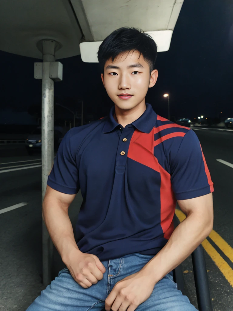 realistic light , Young Korean man in a navy blue polo shirt and jeans, A handsome, muscular young Asian man looks at the camera. In a simple t-shirt blue and red , roadside traffic