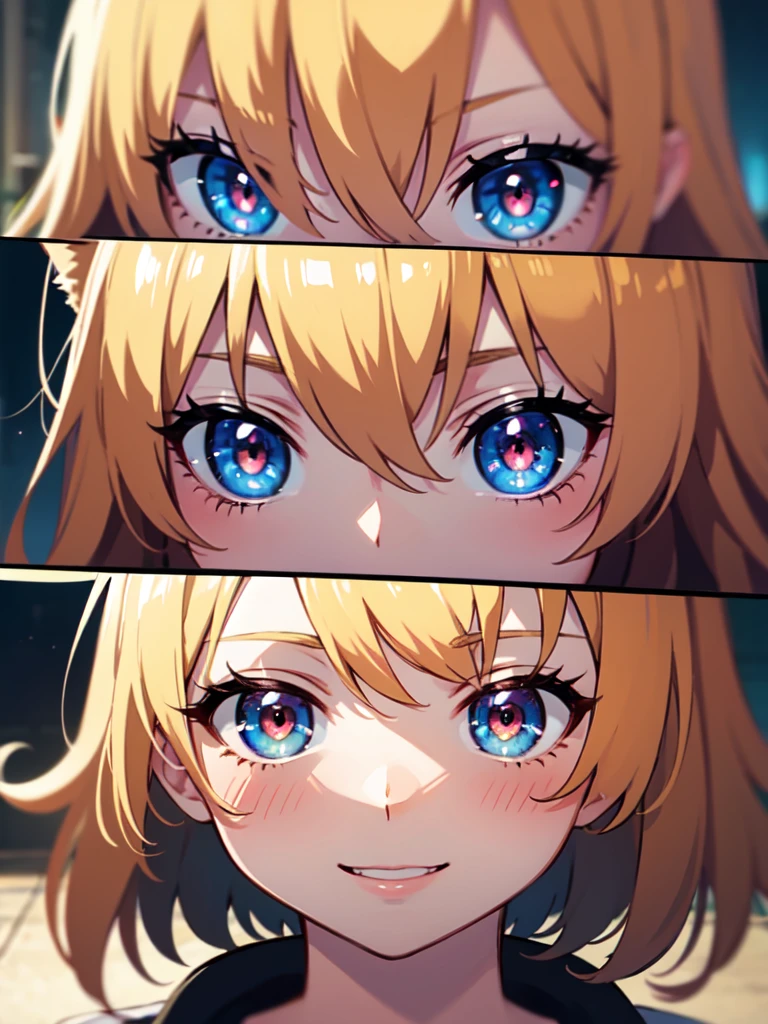 hair over shoulder, wavy hair, hair strand, shiny hair, blonde hair, eye reflection, glowing eyes, slit pupils, amber eyes, cat ears, smile, blush, glint, happy, anime, anime style, En plein air, high detail, cinematic lighting, ray tracing, reflection light, masterpiece, accurate, anatomically correct, super detail, high details, high quality, best quality, highres, 4K
