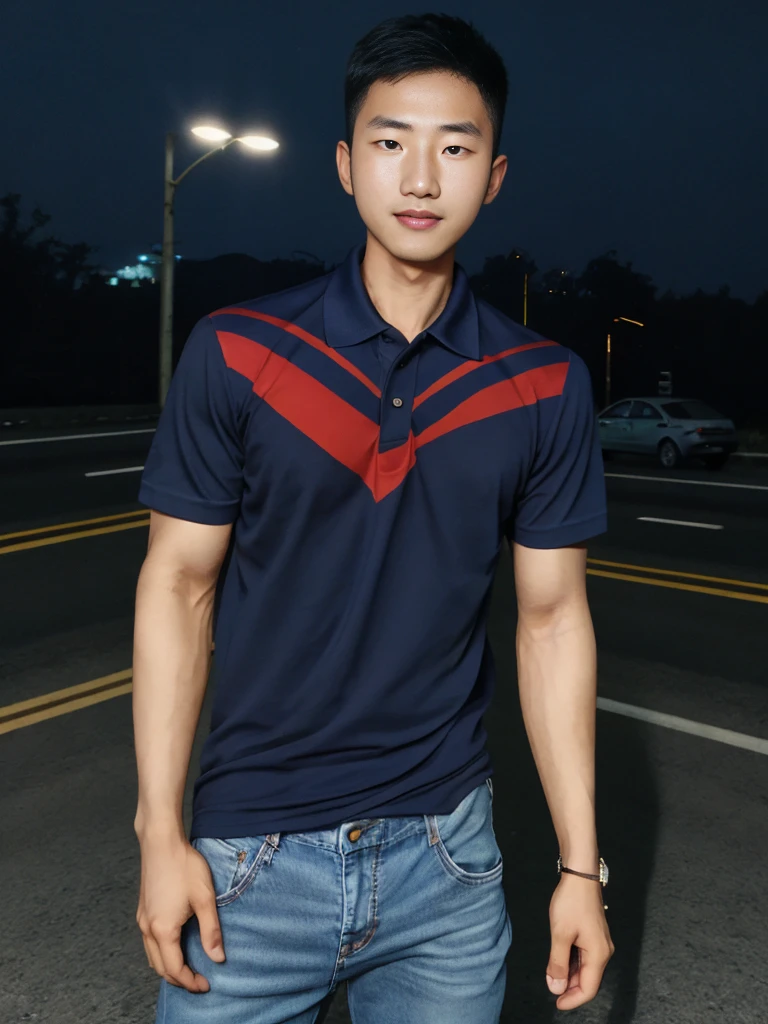 realistic light , Young Korean man in a navy blue polo shirt and jeans, A handsome, muscular young Asian man looks at the camera. In a simple t-shirt blue and red , roadside traffic
