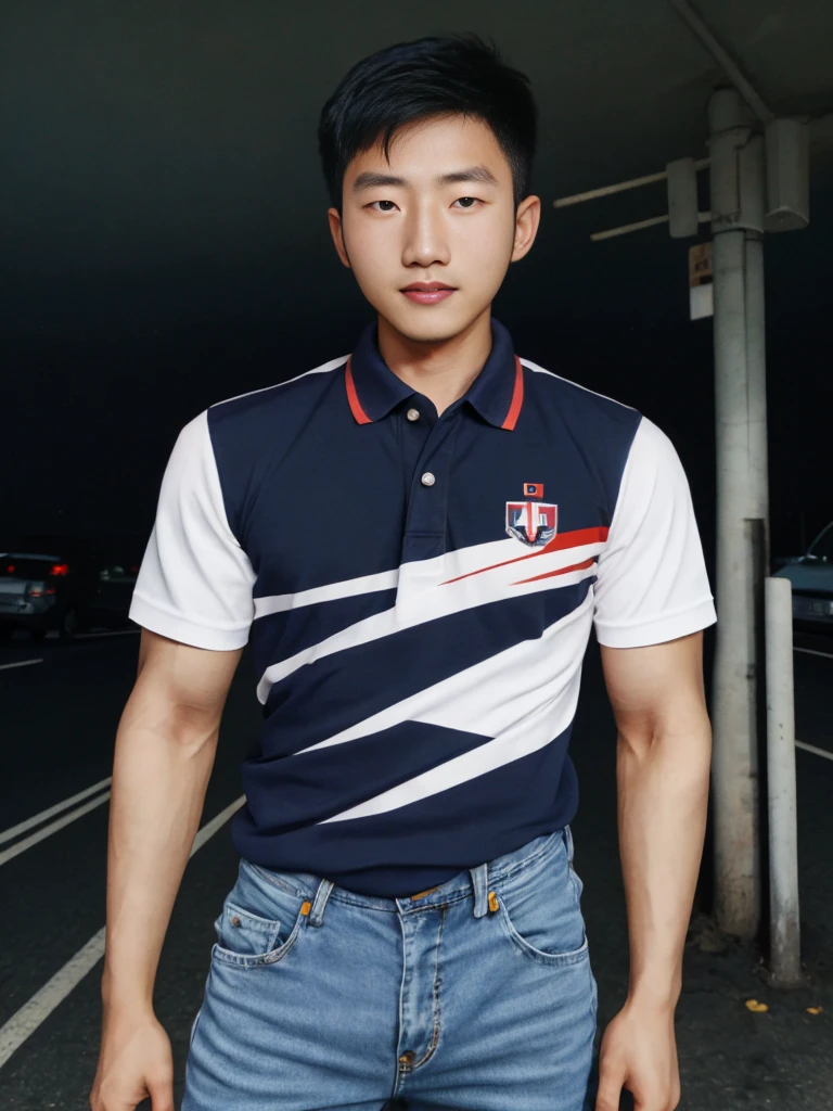 realistic light , Young Korean man in a navy blue polo shirt and jeans, A handsome, muscular young Asian man looks at the camera. In a simple t-shirt blue and red , roadside traffic