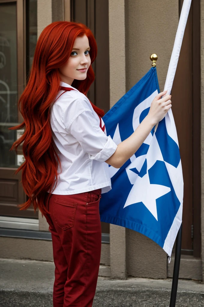 Redhead girl holding a flag with the number 39300 comic style