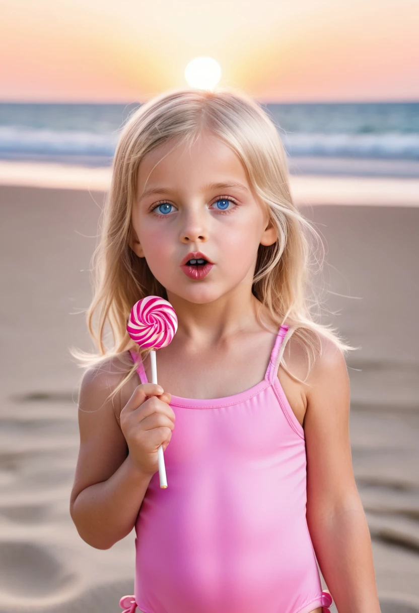 5 year old blonde girl with blue eyes in a pink swimsuit on the beach sucking a lollipop