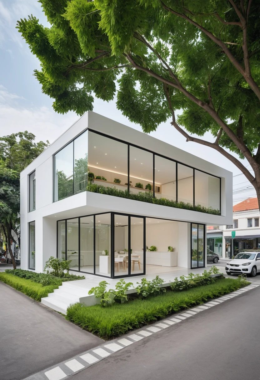 A modern one-story house with a small furniture showroom, with a facade less than 5 meters wide. The design includes large glass windows and doors, vertical display shelves, large mirrors, and well-placed lighting inside the showroom. The exterior features white and pastel tones with integrated green plants. The house is located on a street corner with a sidewalk and trees, providing a welcoming atmosphere. The showroom layout is organized for easy movement and optimal product visibility
