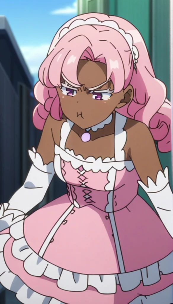 1girl, long pink hair, anime screenshot,pink lolita dress,white eyelashes,curly hair,brown skin,angry,pout