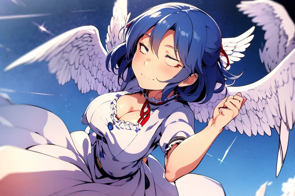 (best quality,4k,8k,highres,masterpiece:1.2), ultra-detailed, highly detailed texture, intricate details, A cute teenage angel with blue eyes, drawn in anime style, 1girl, , , 10 years old, medium blue hair, hair flaps, pink ribbon on head, well-formed face, blue eyes, angel girl, white blouse, puffy short sleeves, red ribbon, angel wings, long white skirt, red shoes, frills, ribbon head, A pair of angel wings on the back, from behind, to lift up one’s skirt, cowboy shot, from front, standing , raise one leg, crossed arms, arms up behind, arms behind back, hand between legs, put hands hip, one hand on hip, forward hands, arms raised in the air, punch hands, peace sign, waving, put up index finger, sit, lie down, closed eyes, lie face down, looking back, put one hand chest, leaning forward, cleavage, close up, horizontally outstretched arms, horizontally outstretched legs, front view, front face