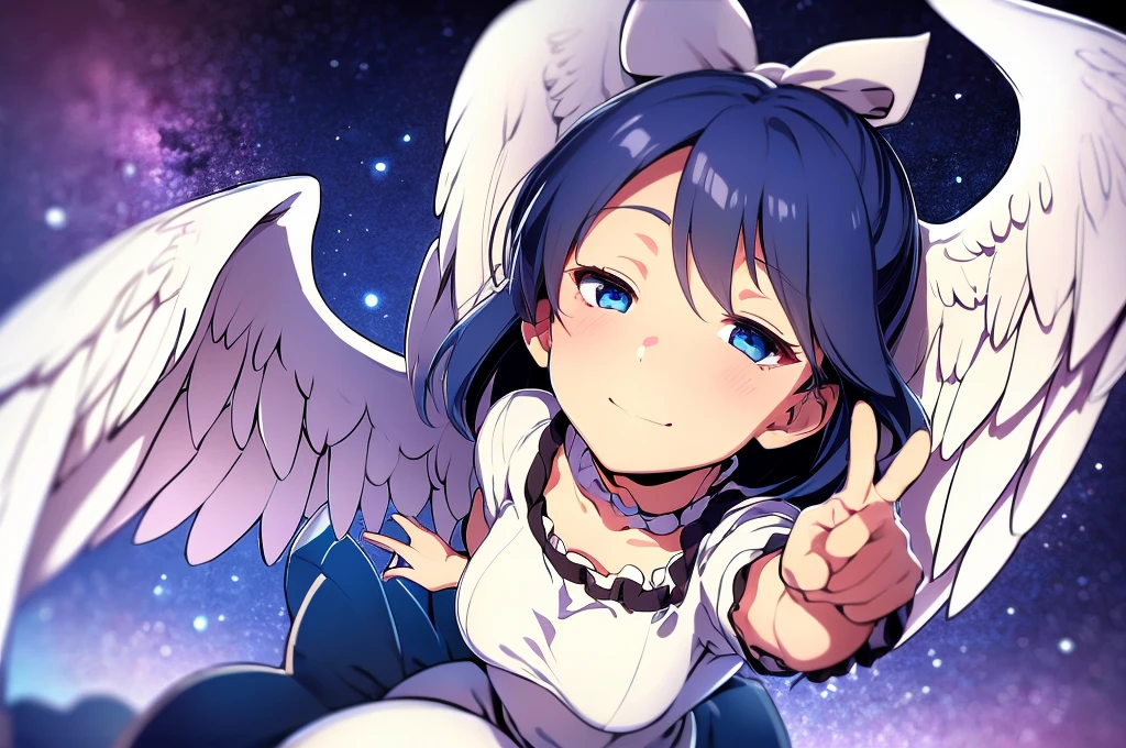 (best quality,4k,8k,highres,masterpiece:1.2), ultra-detailed, highly detailed texture, intricate details, A cute teenage angel with blue eyes, drawn in anime style, 1girl, , , 10 years old, medium blue hair, hair flaps, pink ribbon on head, well-formed face, blue eyes, angel girl, white blouse, puffy short sleeves, red ribbon, angel wings, long white skirt, red shoes, frills, ribbon head, A pair of angel wings on the back, from behind, to lift up one’s skirt, cowboy shot, from front, standing , raise one leg, crossed arms, arms up behind, arms behind back, hand between legs, put hands hip, one hand on hip, forward hands, arms raised in the air, punch hands, peace sign, waving, put up index finger, sit, lie down, closed eyes, lie face down, looking back, put one hand chest, leaning forward, cleavage, close up, horizontally outstretched arms, horizontally outstretched legs, front view, front face