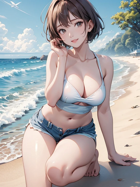 (Highest quality、masterpiece、High resolution、8K)、Vibrant colors、Young and beautiful woman 1、whole body、Brown and black short bob、barefoot、(Detailed face、Beautiful Eyes、Beautiful nose、Pretty lips)、Ample breasts、Beautiful cleavage、White T-shirt and shorts、Running on the beach、A refreshing smile、looking at the camera、Official Art、The background is the sea、blue sky、White waves and wide sandy beach、Wide forest、White Entrance Cloud、(Depth of written boundary:1.5)、Professional Lighting、