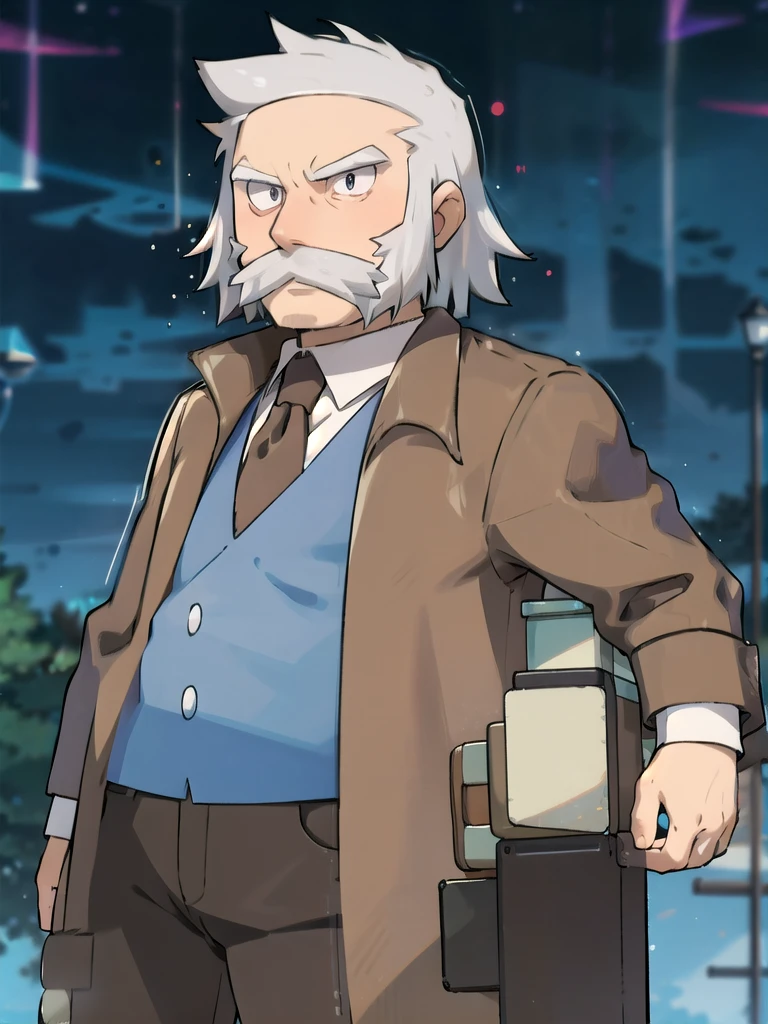 ProfessorRowan, solo, looking at viewer, shirt, 1boy, closed mouth, white shirt, upper body, white hair, male focus, outdoors,brown coat, necktie, collared shirt, blurry, night, blurry background, parody, formal, style parody
