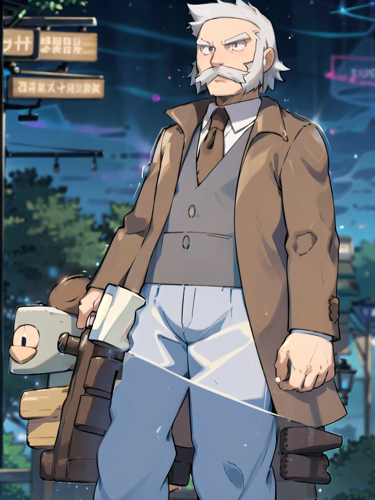 ProfessorRowan, solo, looking at viewer, shirt, 1boy, closed mouth, white shirt, upper body, white hair, male focus, outdoors,brown coat, necktie, collared shirt, blurry, night, blurry background, parody, formal, style parody
