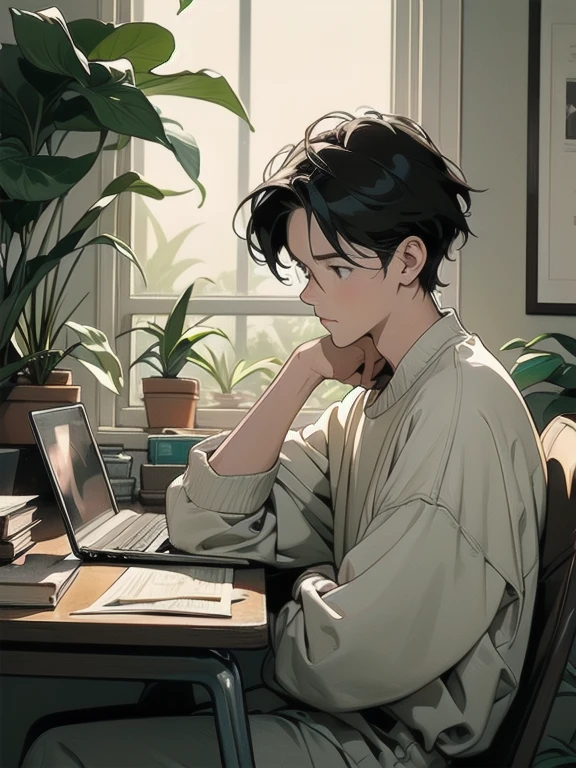 A person sitting at a desk, working on a laptop. The desk has a cup of coffee, some books, and a potted plant. The background is a cozy home office with warm lighting.
