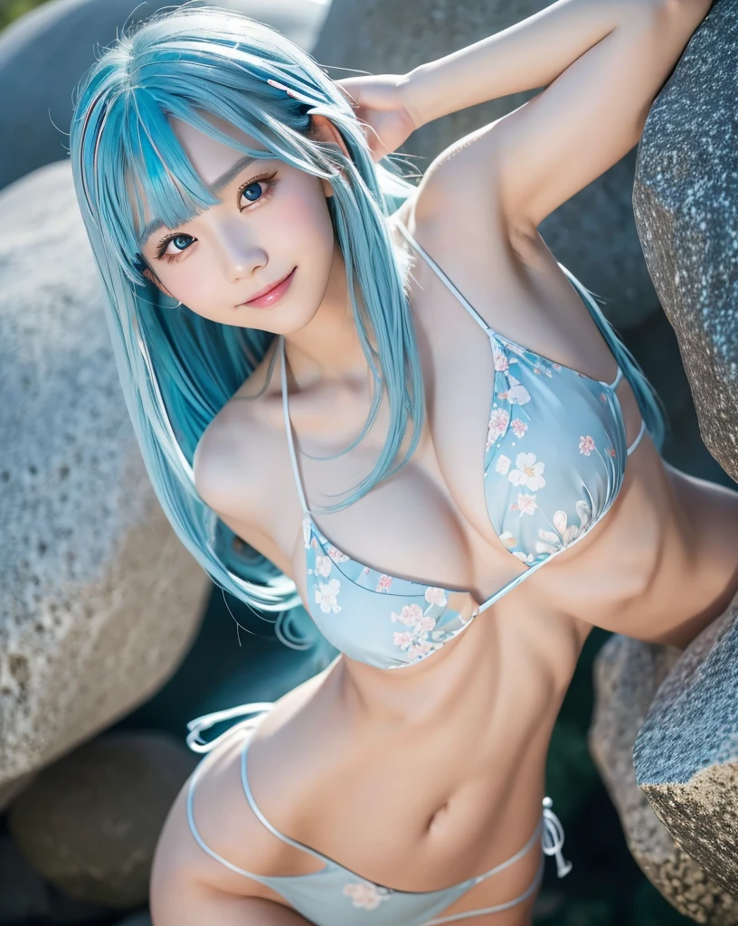 (Highest quality, 32k, High resolution, Masterpiece:1.5, ), marimo_jet, god々A photograph with brilliant dazzling and healing power., Evoking a sense of calm and elusive beauty, Expressing emotions, Have a rich imagination, Beautiful Japanese Girls, ((Low - Angle:1.4)), An exceptionally beautiful face, Small Face Beauty, Perfect Human Anatomy, Magical big eyes, Motherhood and generosity, Deep Love, fleeting smile, ((Shiny light blue hair:1.4)), Super long straight silk hair swaying in the wind, Asymmetrical bangs, Hair between the eyes, Transparent, soft white skin, Sharp eyebrows, Thin lashes, Natural Makeup, Cheek highlighter, Lips with fine detail, (white floral bikini:1.4), High resolutionの完璧な鎖骨, High resolutionの美しい胸元, Slim figure with ample breasts, High resolutionの美しい太もも, ((Beautifully detailed skies:1.2)), ((in front of a big rock:1.3)), Professional photographer, Professional Lighting, Professional models, god秘的