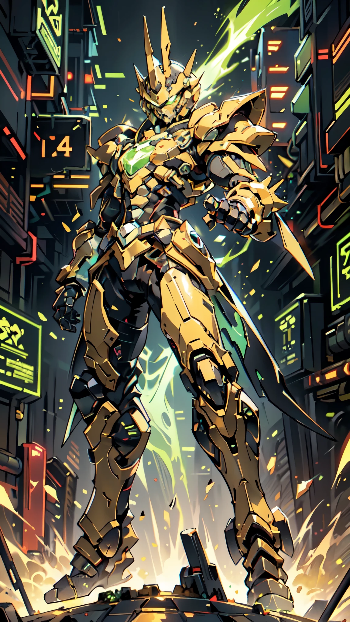(masterpiece:1.5, best quality:1.5, extremely delicate:1.5, foreshortening:1.5, dynamic angle:1.5), a man wearing a full-face helmet, a fantasy-style biotech armored combat suit, green eyes, (a composite layered chest armor), fully enclosed shoulder guards, matching arm and leg guards, the belt is adorned with neon circuitry, (the color scheme is primarily black glow with green and red accents), the design balances heavy with agility, a high-tech bio-mecha armor, (Armor Concept Inspired by neon Cyberpunk, stand on the top of a skyscraper in a futuristic sci-fi city), this character embodies a finely crafted fantasy-surreal style armored hero in anime style, exquisite and mature manga art style, (element, plasma, energy, the armor glows), ((male:1.5)), metallic, high definition, highres, ultra-detailed, ultra-fine painting, professional, perfect body proportions, golden ratio, anatomically correct, symmetrical face, extremely detailed eyes and face, high quality eyes, creativity, RAW photo, UHD, 32k, Natural light, cinematic lighting, masterpiece-anatomy-perfect