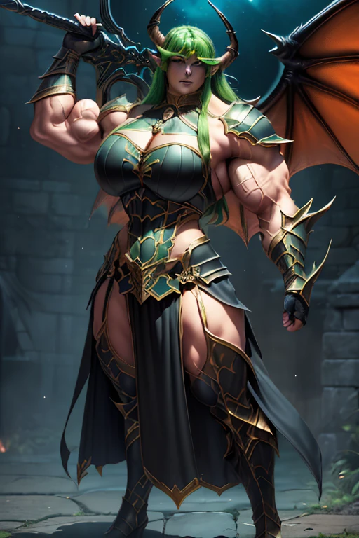 ((Massive beautiful, buff, light brown skinned muscular dark paladin woman with green hair, giant demon wings, black lipstick, ginormous bulky muscles, carrying a giant sword and wearing full black demonic paladin knight armored with a long tiered skirt)), (close view), large breast, massive muscles, massive biceps, hyper muscle shoulders, (giant demon wings), hyper muscle triceps, (long curvy hair), orange eyes, (demon Paladin boots), (demon armor), (long tiered skirt), breastplate, (demonic gauntlets), (Shoulder armor), closed smile, (in a fire hellish castle), (Dark and moody universe:1.3), Vascular arms, hyper muscles arms, hyper muscle legs, massive buff arms.