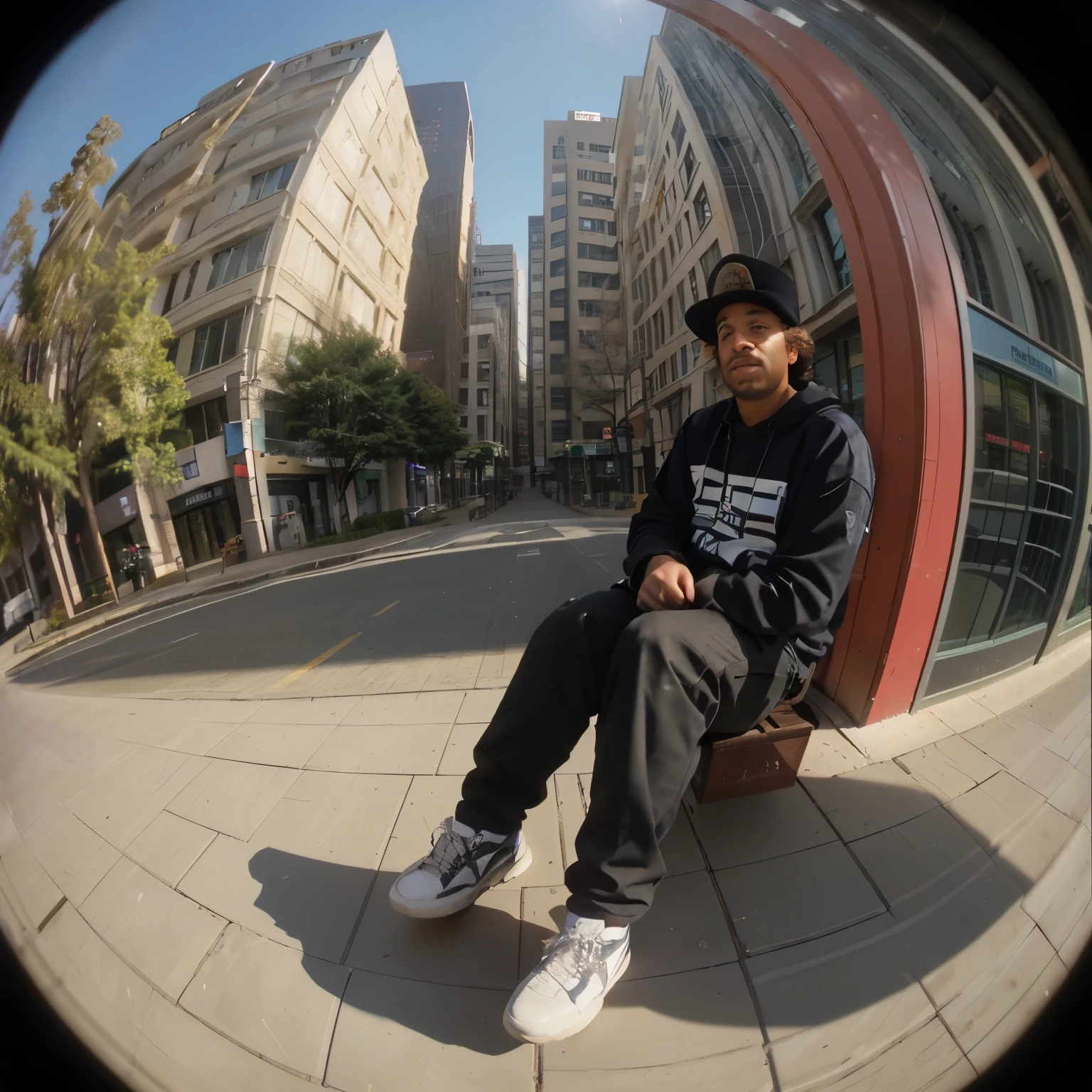 arafed man sitting on a bench in front of a building, 10mm fisheye, (fish eye), fisheye lens photo, fisheye photo, fisheye effect, fisheye portrait, shot on gopro9, fisheye perspective, wide angle dynamic portrait, fisheye!!!, low angle fisheye view, 8 mm extreme fisheye, fisheye