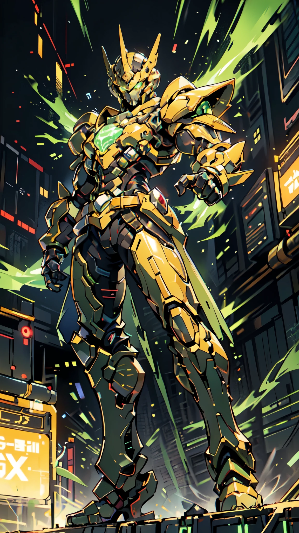 (masterpiece:1.5, best quality:1.5, extremely delicate:1.5, foreshortening:1.5, dynamic angle:1.5), a man wearing a full-face helmet, a fantasy-style biotech armored combat suit, green eyes, (a composite layered chest armor), fully enclosed shoulder guards, matching arm and leg guards, the belt is adorned with neon circuitry, (the color scheme is primarily black glow with green and red accents), the design balances heavy with agility, a high-tech bio-mecha armor, (Armor Concept Inspired by neon Cyberpunk, stand on the top of a skyscraper in a futuristic sci-fi city), this character embodies a finely crafted fantasy-surreal style armored hero in anime style, exquisite and mature manga art style, (element, plasma, energy, the armor glows), ((male:1.5)), metallic, high definition, highres, ultra-detailed, ultra-fine painting, professional, perfect body proportions, golden ratio, anatomically correct, symmetrical face, extremely detailed eyes and face, high quality eyes, creativity, RAW photo, UHD, 32k, Natural light, cinematic lighting, masterpiece-anatomy-perfect
