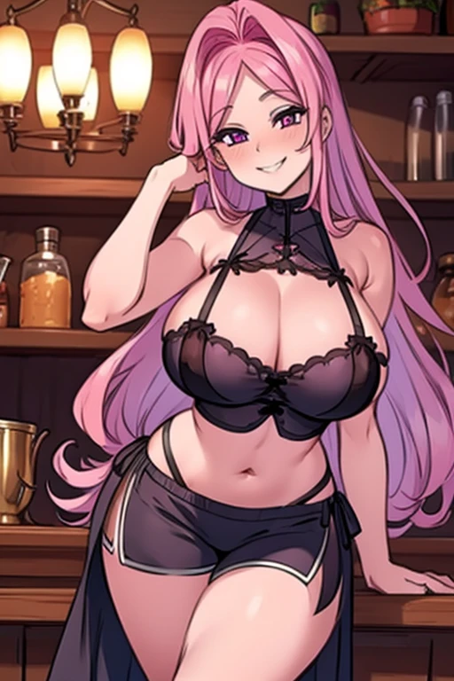 Perfect face. Perfect hands. A pink haired woman with violet eyes with an hourglass figure in a Gothic apron and crop top and shorts is serving tea in a Gothic kitchen with a big smile