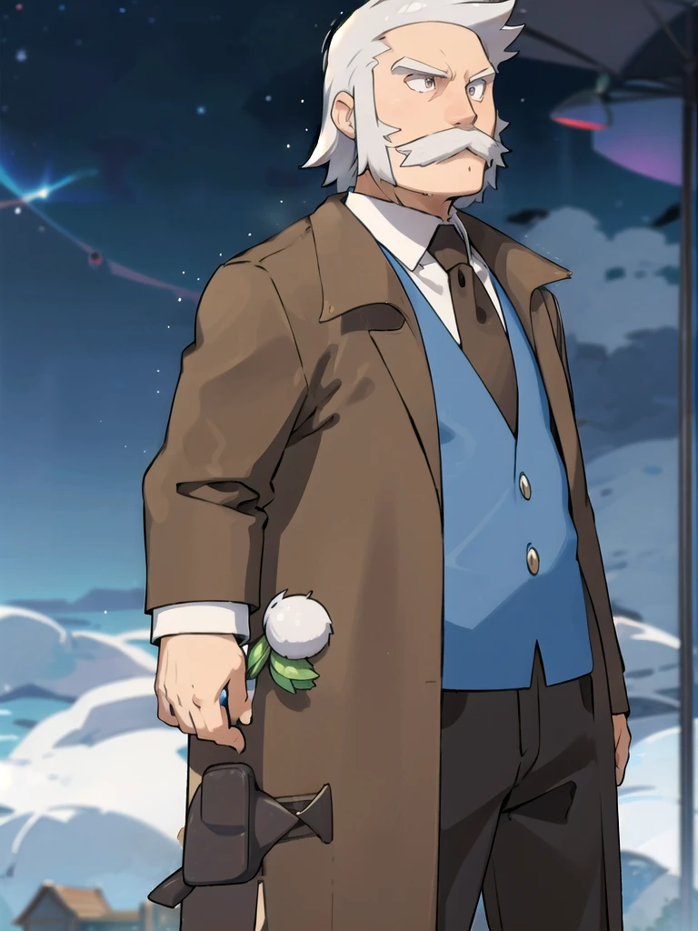 ProfessorRowan, solo, looking at viewer, shirt, 1boy, closed mouth, white shirt, upper body, white hair, male focus, outdoors,brown coat, necktie, collared shirt, blurry, night, blurry background, parody, formal, style parody