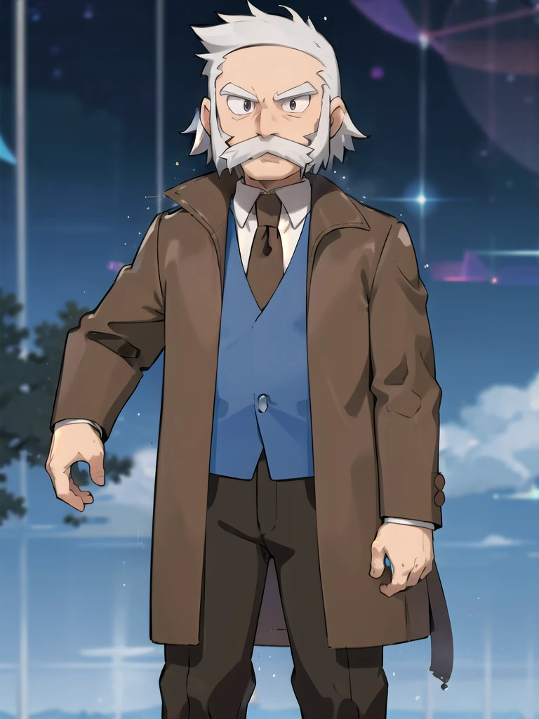 ProfessorRowan, solo, looking at viewer, shirt, 1boy, closed mouth, white shirt, upper body, white hair, male focus, outdoors,brown coat, necktie, collared shirt, blurry, night, blurry background, parody, formal, style parody