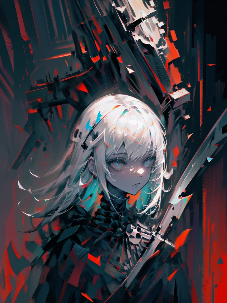 (a girl with) Aura-like gothic lighting, realistic Gothic-style artwork, detailed skeleton impaling itself with a sword in the neck, dark atmospheric background, high-res masterpiece:1.2, ultra-fine painting, professional, vivid colors