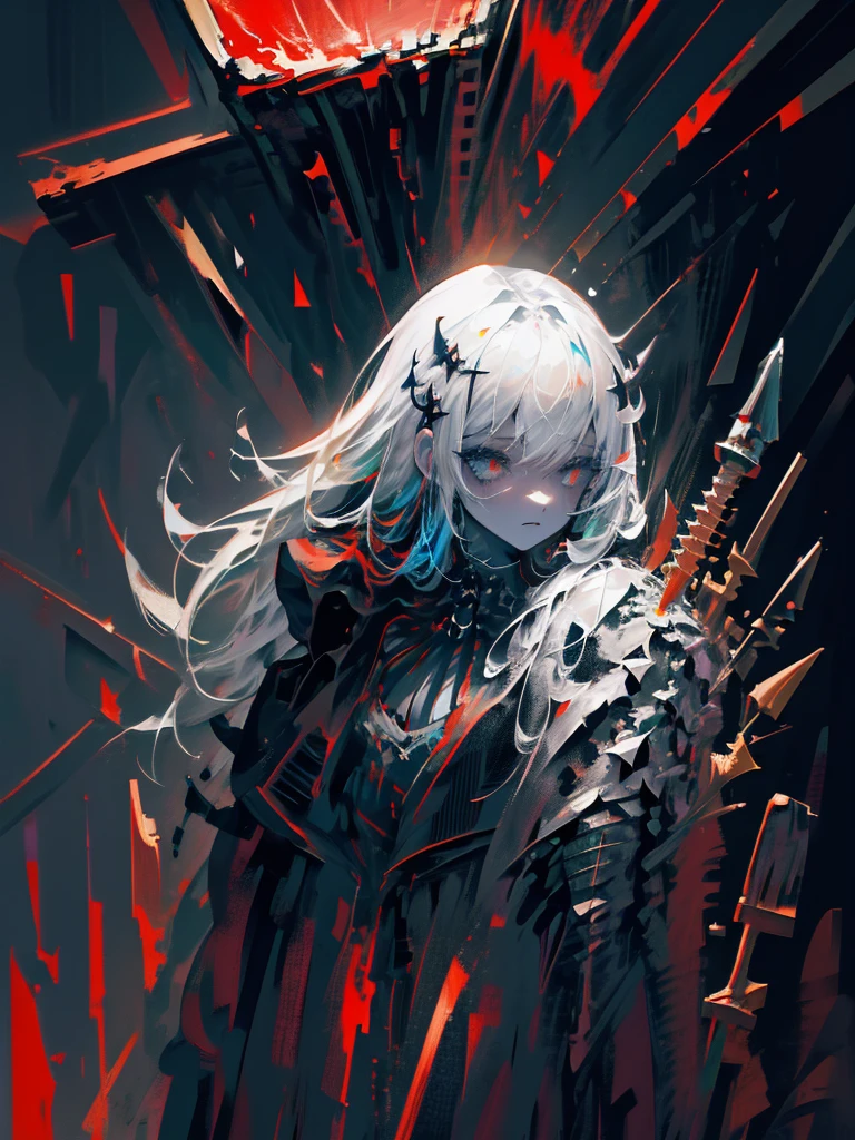 (a girl with) Aura-like gothic lighting, realistic Gothic-style artwork, detailed skeleton impaling itself with a sword in the neck, dark atmospheric background, high-res masterpiece:1.2, ultra-fine painting, professional, vivid colors