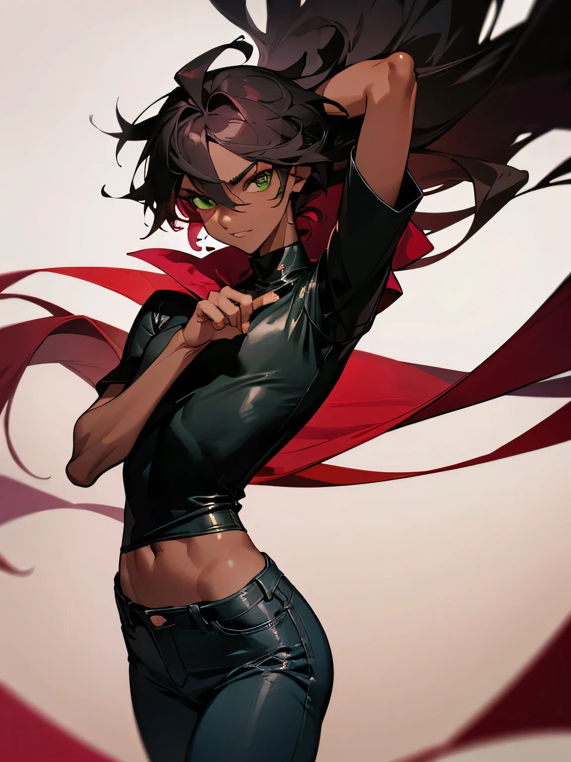 1 man, single teenager, long messy burgundy neck-length hair, dark skin, tanned skin, green eyes, mole under right eye, somewhat athletic body, somewhat wide hips, tight black shirt, ripped skinny jeans, leather jacket black, in a university