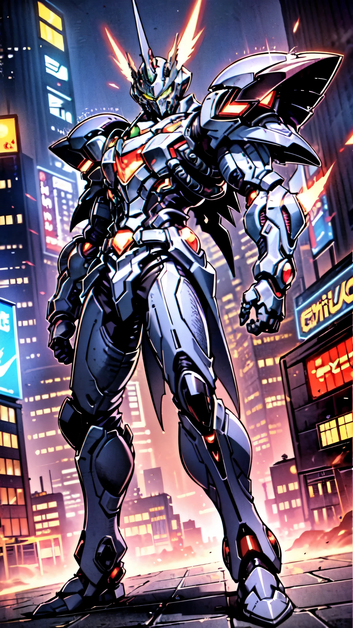 (masterpiece:1.5, best quality:1.5, extremely delicate:1.5, foreshortening:1.5, dynamic angle:1.5), a man wearing a full-face helmet, a fantasy-style biotech armored combat suit, green eyes, (a composite layered chest armor), fully enclosed shoulder guards, matching arm and leg guards, the belt is adorned with neon circuitry, (the color scheme is primarily black glow with green and red accents), the design balances heavy with agility, a high-tech bio-mecha armor, (Armor Concept Inspired by neon Cyberpunk, stand on the top of a skyscraper in a futuristic sci-fi city), this character embodies a finely crafted fantasy-surreal style armored hero in anime style, exquisite and mature manga art style, (element, plasma, energy, the armor glows), ((male:1.5)), metallic, high definition, highres, ultra-detailed, ultra-fine painting, professional, perfect body proportions, golden ratio, anatomically correct, symmetrical face, extremely detailed eyes and face, high quality eyes, creativity, RAW photo, UHD, 32k, Natural light, cinematic lighting, masterpiece-anatomy-perfect