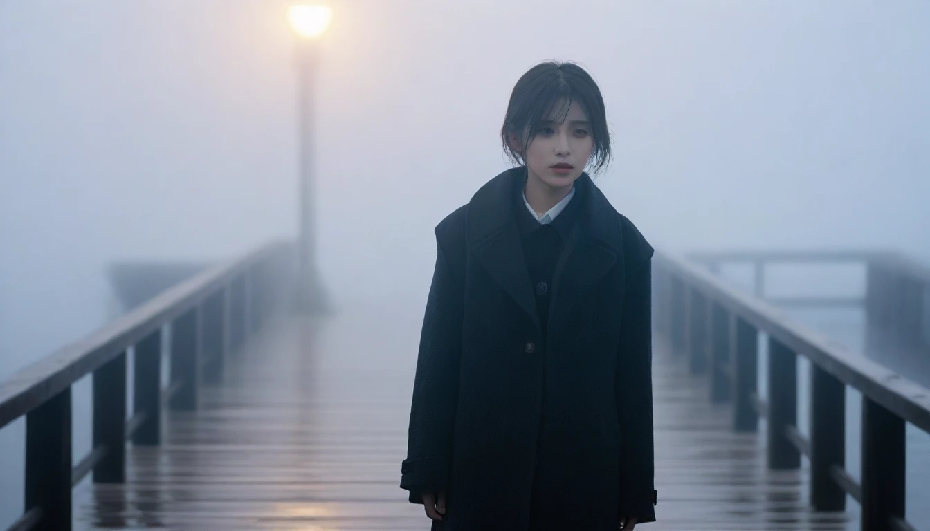 1 36-year-old Korean woman, Short hair, black coat, alone, rain, Fog, cold, boring, , pier, Only, 멀리 Faintly visible 등대, Coast, The dim light shines in the Fog,and the figure stands in the Fog holding ,drizzling, (명암대rain, cinematic lighting, shadow, film grain, anatomically correct, accurate, Awards, 8K) realistic photo, Full body shot with Canon camera 16-35 wide angle lens, natural appearance, Faintly visible