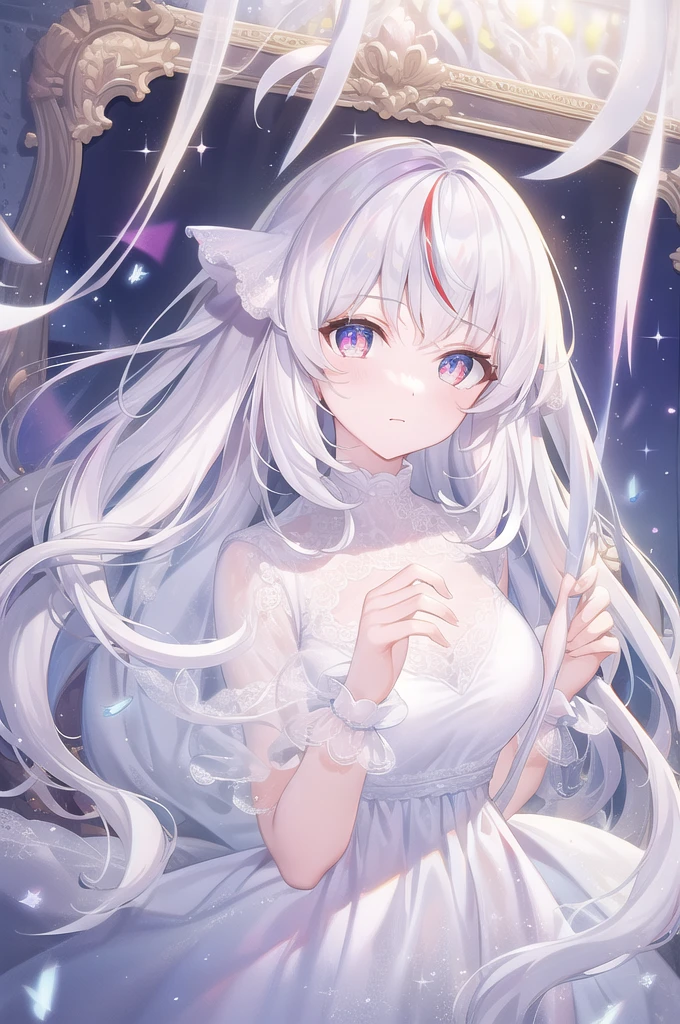 ((masterpiece, best quality))++, Detailed lighting+,  Detailed hair+, Detail hand+ ,1 girl, Miss, Long hair,   Crimson eyes,  beautiful eyes, young white hair,,(Beautiful white hair:1.5),(Beautiful and delicate eyes),  high resolution+,glass tint, Reflective eyes,   {{angle}} , Very detailed wallpaper, The original, Air bangs，Extremely beautiful CG，black worksuit，Firefly，Galaxy，Shattered like a mirror