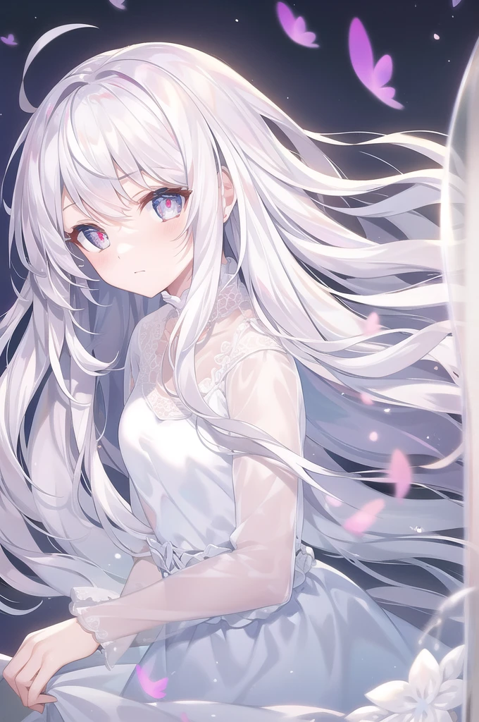((masterpiece, best quality))++, Detailed lighting+, Detailed hair+, Detail hand+ ,1 girl, Miss, Long hair, Crimson eyes, beautiful eyes, young white hair,,(Beautiful white hair:1.5),(Beautiful and delicate eyes), high resolution+,glass tint, Reflective eyes, {{angle}} , Very detailed wallpaper, The original, Air bangs,Extremely beautiful CG,black worksuit,Firefly,Galaxy,Shattered like a mirror