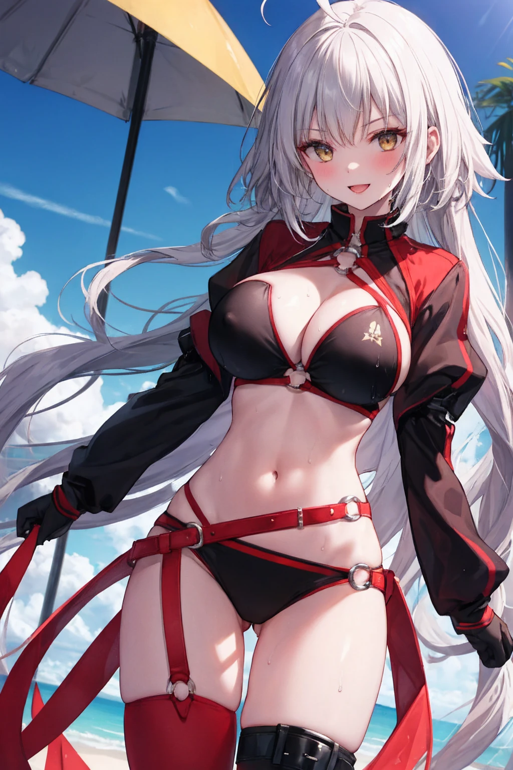 masterpiece, best quality, 1girl, , silver hair, ahoge, gold_eyes, shaggy_long_hair,, gigantic_breasts, , blue sky,covered_groin,covered_nipples,solo,young_,,open_legs,knee_boots,crotch_armor,cowboy_shot,crotch, asymmetrical legwear, long hair, bikini, black bikini, black gloves, gloves, long sleeves, navel, o-ring, o-ring bikini, o-ring bottom, o-ring top, puffy long sleeves, puffy sleeves, red legwear, single thighhigh, swimsuit, thigh strap, thighhighs, uneven legwear,smile,nihil,open_mouth,angry,oil,wet,sweat,grhn,(angry:0.7)