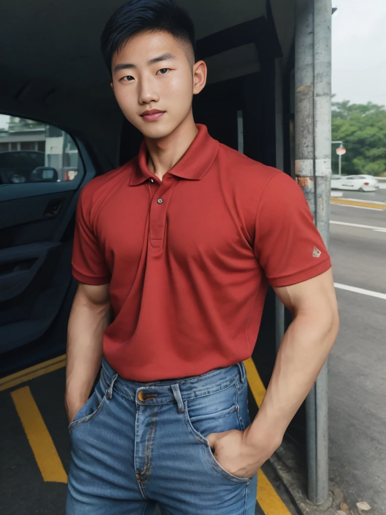realistic daylight , Young Korean man in a navy blue polo shirt and jeans, A handsome, muscular young Asian man looks at the camera. In a simple t-shirt blue and red , roadside traffic