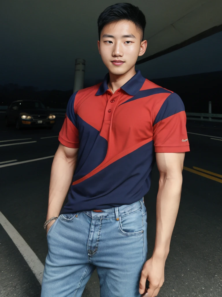 realistic daylight , Young Korean man in a navy blue polo shirt and jeans, A handsome, muscular young Asian man looks at the camera. In a simple t-shirt blue and red , roadside traffic