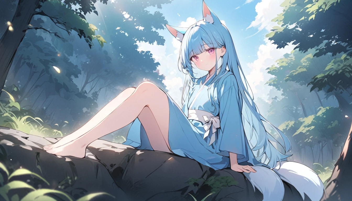 (good job:1 woman, fox ears, fox tail, 하늘색 fox ears, 하늘색 fox tail,hair down to the middle of the back, light blue hair, He wears a white ribbon in his hair., pink eyes, Sky blue hanbok, sitting on a rock in the forest, low angle
