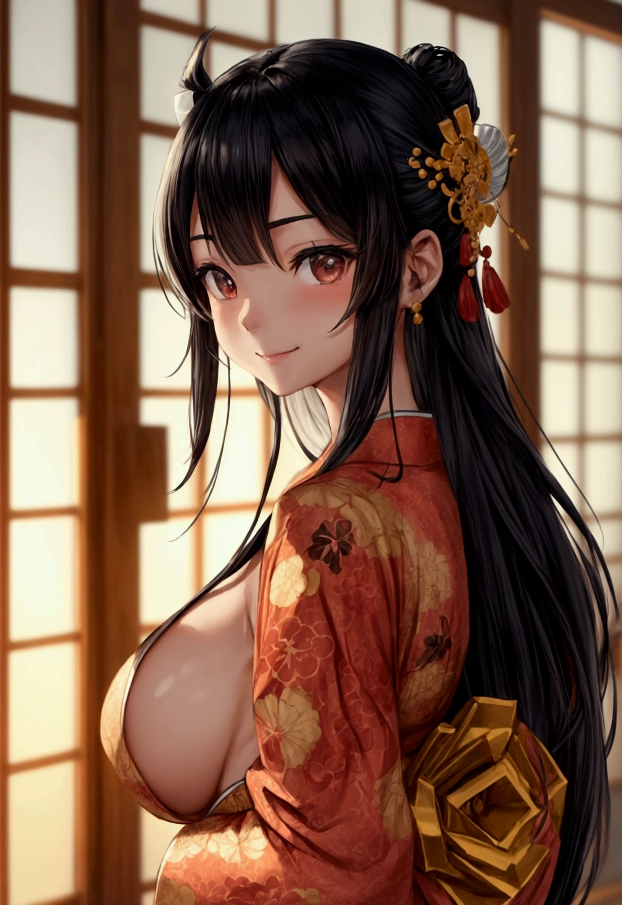 beautiful girl、Big Breasts、Black Hair、Long Straight、Great style、Nice body、Muscular、Abdominal muscles、Beautiful buttocks、Toned Legs、Completely naked、nude、pubic hair、Are standing、、The whole body is visible、kimono、kimonoがはだける、Japanese-style room、One girl、smile