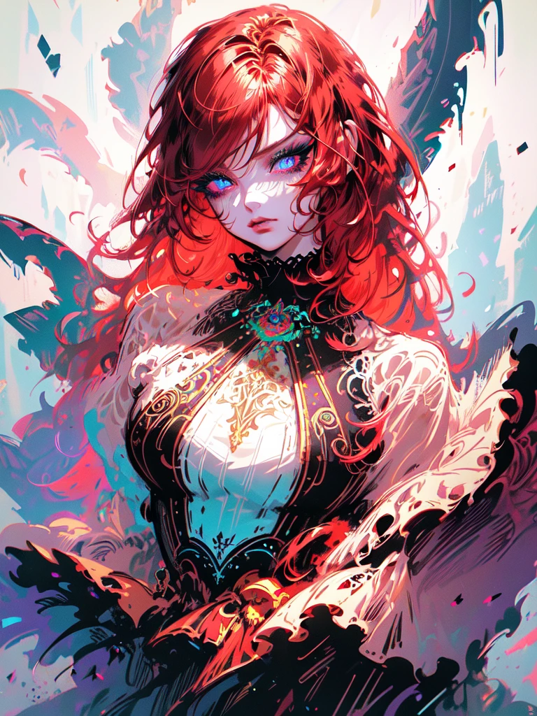 Red hair color,(masterpiece, best quality),(1 lady),(solo),(artstation),(dynamic),(charming),(magical),(unreal engine),(fantastically beautiful),(illustration),(dramatic lighting),(rave background),(neon glow),(maximalist),(extremely detailed eyes and face),(long eyelashes),(intricate details),(vibrant colors),(cinematic lighting),(fantasy portrait)
