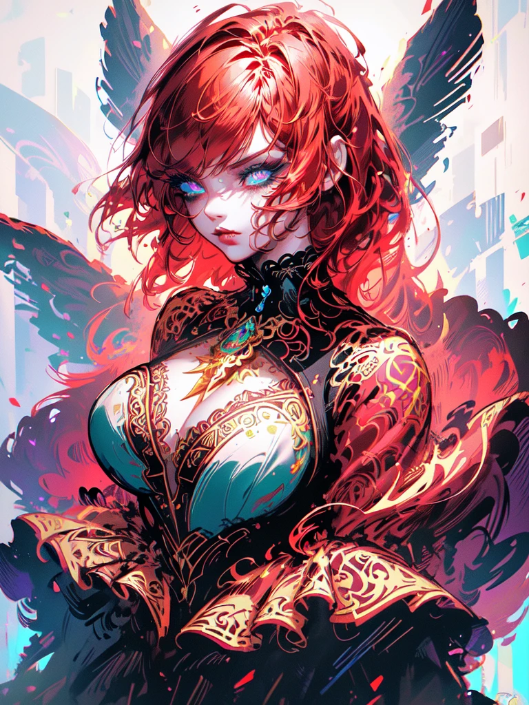 Red hair color,(masterpiece, best quality),(1 lady),(solo),(artstation),(dynamic),(charming),(magical),(unreal engine),(fantastically beautiful),(illustration),(dramatic lighting),(rave background),(neon glow),(maximalist),(extremely detailed eyes and face),(long eyelashes),(intricate details),(vibrant colors),(cinematic lighting),(fantasy portrait)