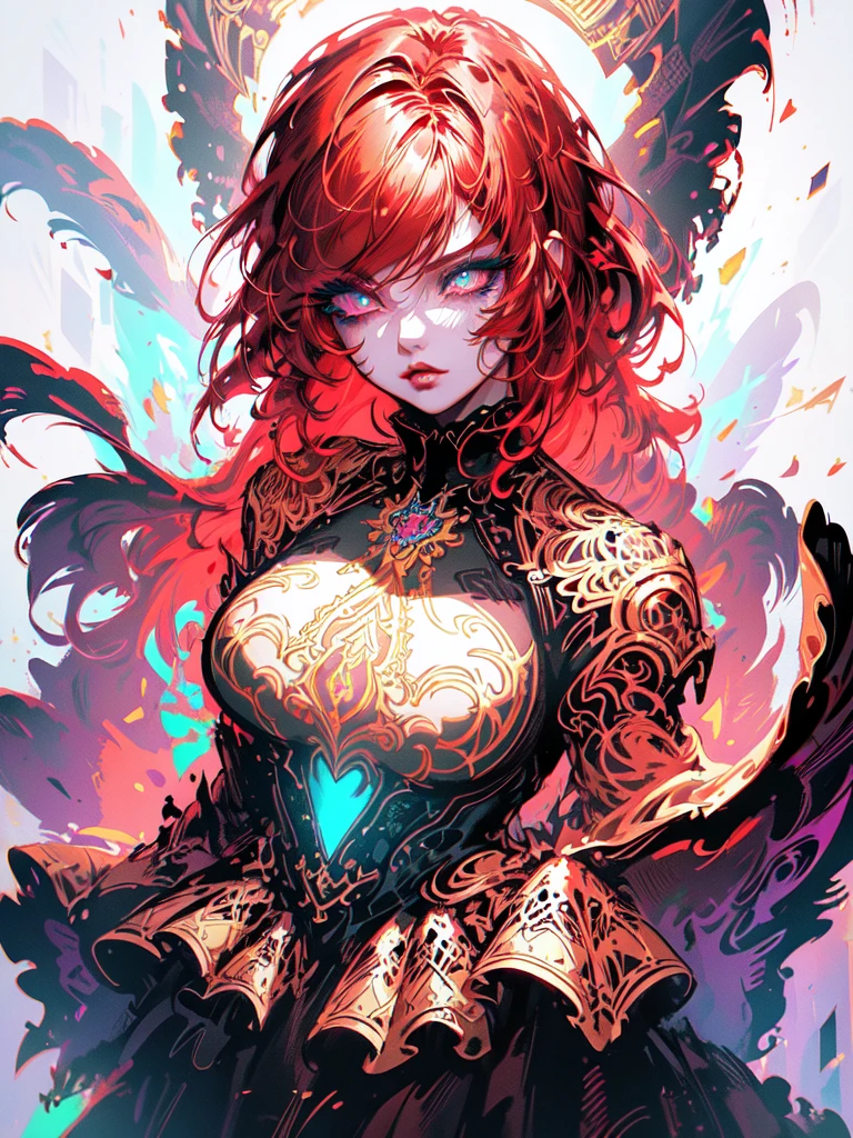 Red hair color,(masterpiece, best quality),(1 lady),(solo),(artstation),(dynamic),(charming),(magical),(unreal engine),(fantastically beautiful),(illustration),(dramatic lighting),(rave background),(neon glow),(maximalist),(extremely detailed eyes and face),(long eyelashes),(intricate details),(vibrant colors),(cinematic lighting),(fantasy portrait)