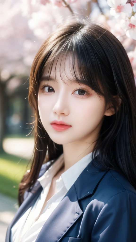 graduation、High school girl、 、Navy blue blazer、Cherry blossom trees in full bloom、Sakura Confetti、Perfect proportion、Lovely、((18 year old female:1.2))、年轻Lovely日本面孔,Official Art,Highly detailed CG Unity 8K wallpaper,(masterpiece:1.0),(best quality:1.0), 超high resolution,4K,Very detailed, photo shoot, 8K, nffsw, high resolution, Kodak Portrait 400, Film Grain, lens flare,best quality,8K,nffsw:1.2),Portraits,8K、Viewer