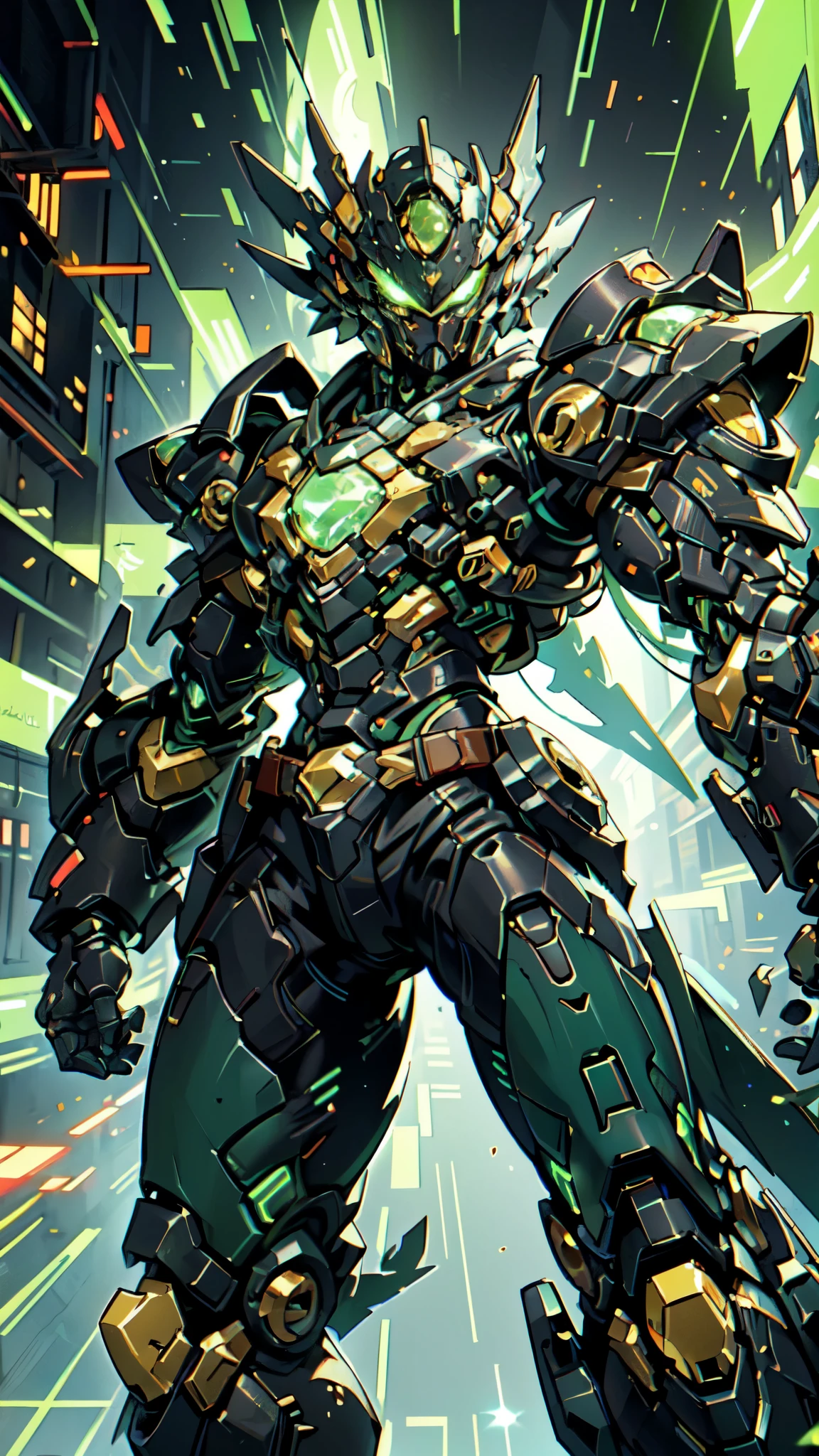 (masterpiece:1.5, best quality:1.5, extremely delicate:1.5, foreshortening:1.5, dynamic angle:1.5), a man wearing a full-face helmet, a fantasy-style biotech armored combat suit, green eyes, (a composite layered chest armor), fully enclosed shoulder guards, matching arm and leg guards, the belt is adorned with neon circuitry, (the color scheme is primarily black glow with green and red accents), the design balances heavy with agility, a high-tech bio-mecha armor, (Armor Concept Inspired by neon Cyberpunk, stand on the top of a skyscraper in a futuristic sci-fi city), this character embodies a finely crafted fantasy-surreal style armored hero in anime style, exquisite and mature manga art style, (element, plasma, energy, the armor glows), ((male:1.5)), metallic, high definition, highres, ultra-detailed, ultra-fine painting, professional, perfect body proportions, golden ratio, anatomically correct, symmetrical face, extremely detailed eyes and face, high quality eyes, creativity, RAW photo, UHD, 32k, Natural light, cinematic lighting, masterpiece-anatomy-perfect