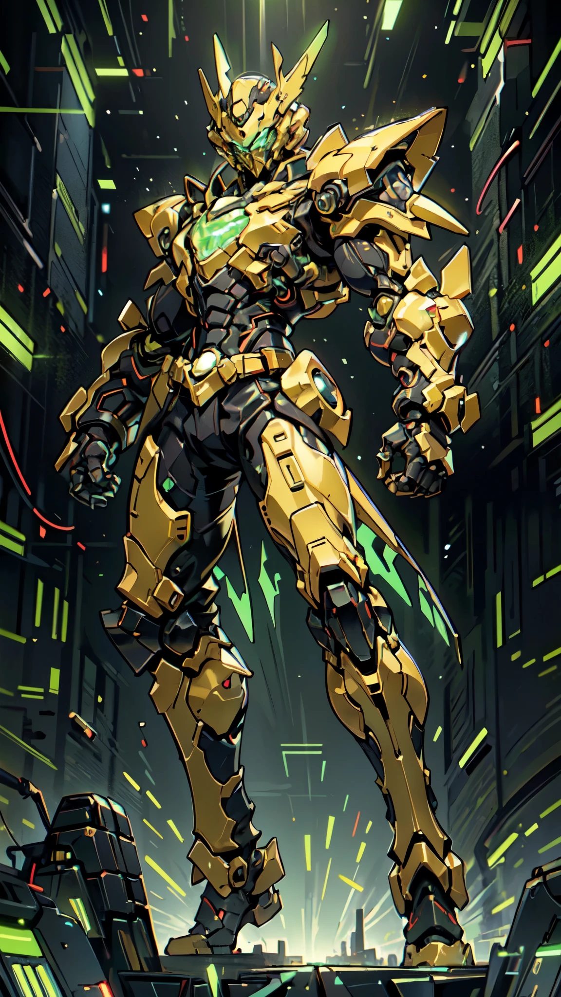 (masterpiece:1.5, best quality:1.5, extremely delicate:1.5, foreshortening:1.5, dynamic angle:1.5), a man wearing a full-face helmet, a fantasy-style biotech armored combat suit, green eyes, (a composite layered chest armor), fully enclosed shoulder guards, matching arm and leg guards, the belt is adorned with neon circuitry, (the color scheme is primarily black glow with green and red accents), the design balances heavy with agility, a high-tech bio-mecha armor, (Armor Concept Inspired by neon Cyberpunk, stand on the top of a skyscraper in a futuristic sci-fi city), this character embodies a finely crafted fantasy-surreal style armored hero in anime style, exquisite and mature manga art style, (element, plasma, energy, the armor glows), ((male:1.5)), metallic, high definition, highres, ultra-detailed, ultra-fine painting, professional, perfect body proportions, golden ratio, anatomically correct, symmetrical face, extremely detailed eyes and face, high quality eyes, creativity, RAW photo, UHD, 32k, Natural light, cinematic lighting, masterpiece-anatomy-perfect