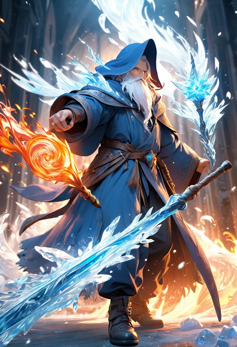 masterpiece, 8k, best quality, highly detailed, a wizard wielding a magical staff made of magical ice & magical fire in front of him